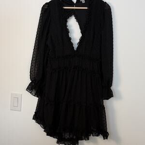 For Justify Black Chiffon Sheer Mini Dress V-Neck Long Sleeve Ruffle XL